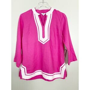 NWT Crown & Ivy Hot Pink White 100% Linen Popover V-Neck Preppy Size Small